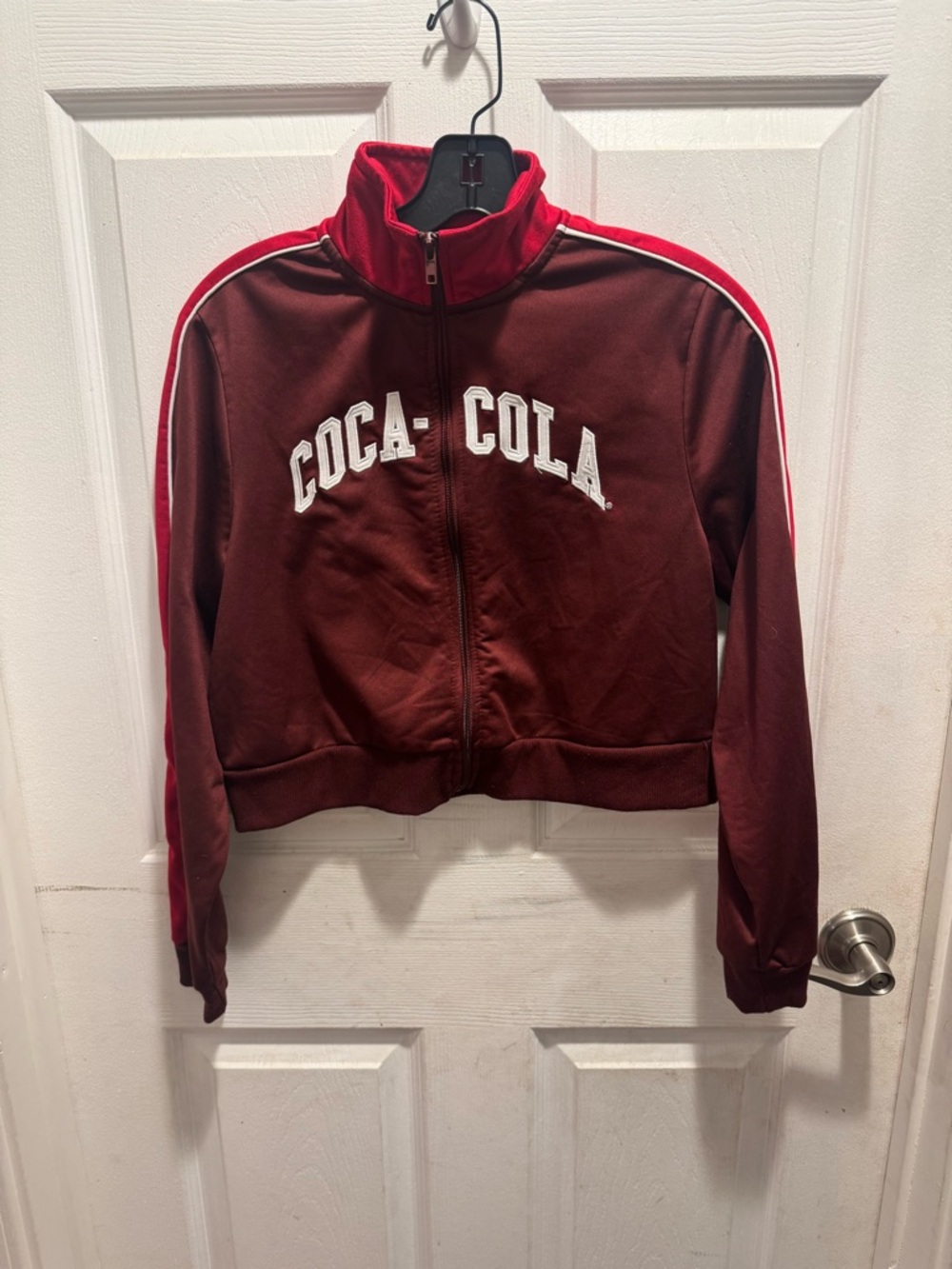 Coca Cola Women's Maroon Bomber Jacket with Red and White Trim